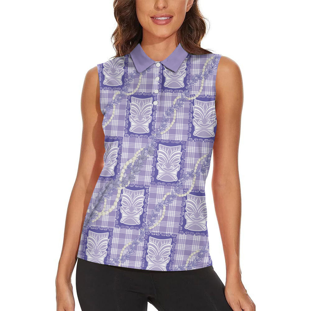 Aloha Hawaii Tiki Palaka Motifs Women Sleeveless Polo Shirt Honohono Lei Purple Elegant Vibes LT14 - Polynesian Pride