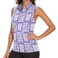 Aloha Hawaii Tiki Palaka Motifs Women Sleeveless Polo Shirt Honohono Lei Purple Elegant Vibes LT14 - Polynesian Pride