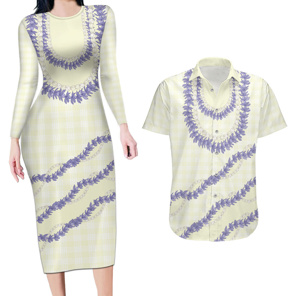 Hawaii Honohono Palaka Motifs Couples Matching Long Sleeve Bodycon Dress and Hawaiian Shirt Hawaiian Orchid Lei LT14 Cream - Polynesian Pride