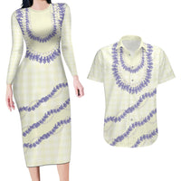 Hawaii Honohono Palaka Motifs Couples Matching Long Sleeve Bodycon Dress and Hawaiian Shirt Hawaiian Orchid Lei LT14 Cream - Polynesian Pride