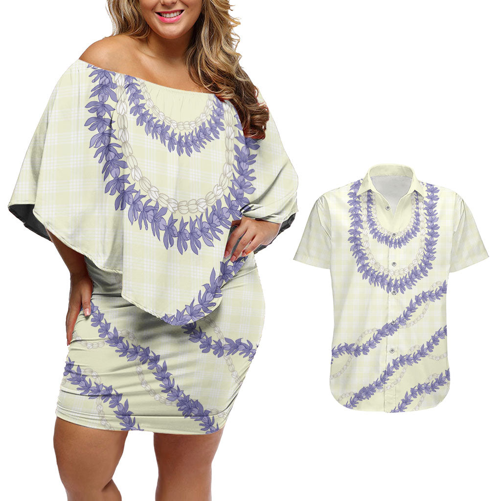 Hawaii Honohono Palaka Motifs Couples Matching Off Shoulder Short Dress and Hawaiian Shirt Hawaiian Orchid Lei LT14 Cream - Polynesian Pride