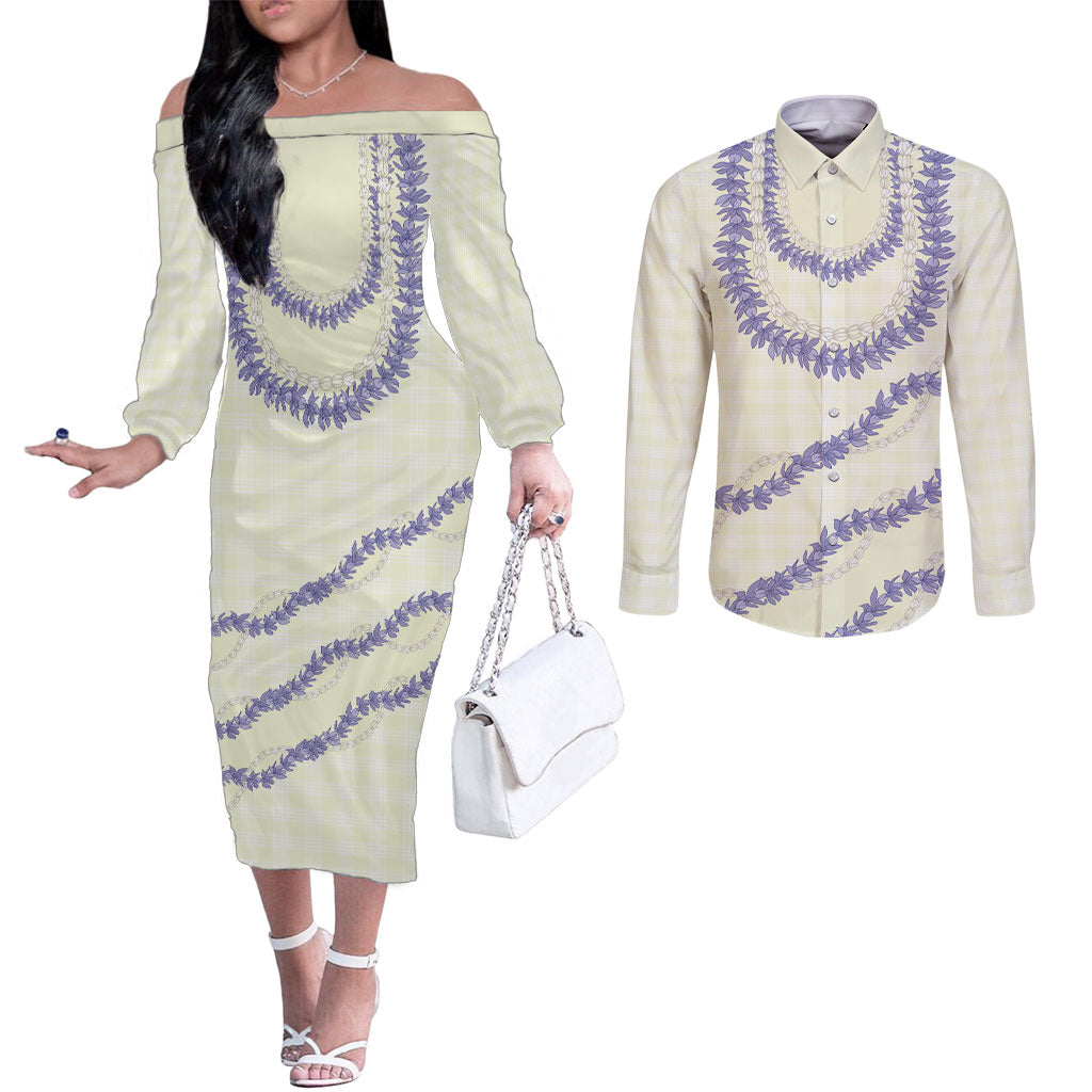 Hawaii Honohono Palaka Motifs Couples Matching Off The Shoulder Long Sleeve Dress and Long Sleeve Button Shirt Hawaiian Orchid Lei LT14 Cream - Polynesian Pride