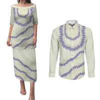 Hawaii Honohono Palaka Motifs Couples Matching Puletasi and Long Sleeve Button Shirt Hawaiian Orchid Lei LT14 Cream - Polynesian Pride