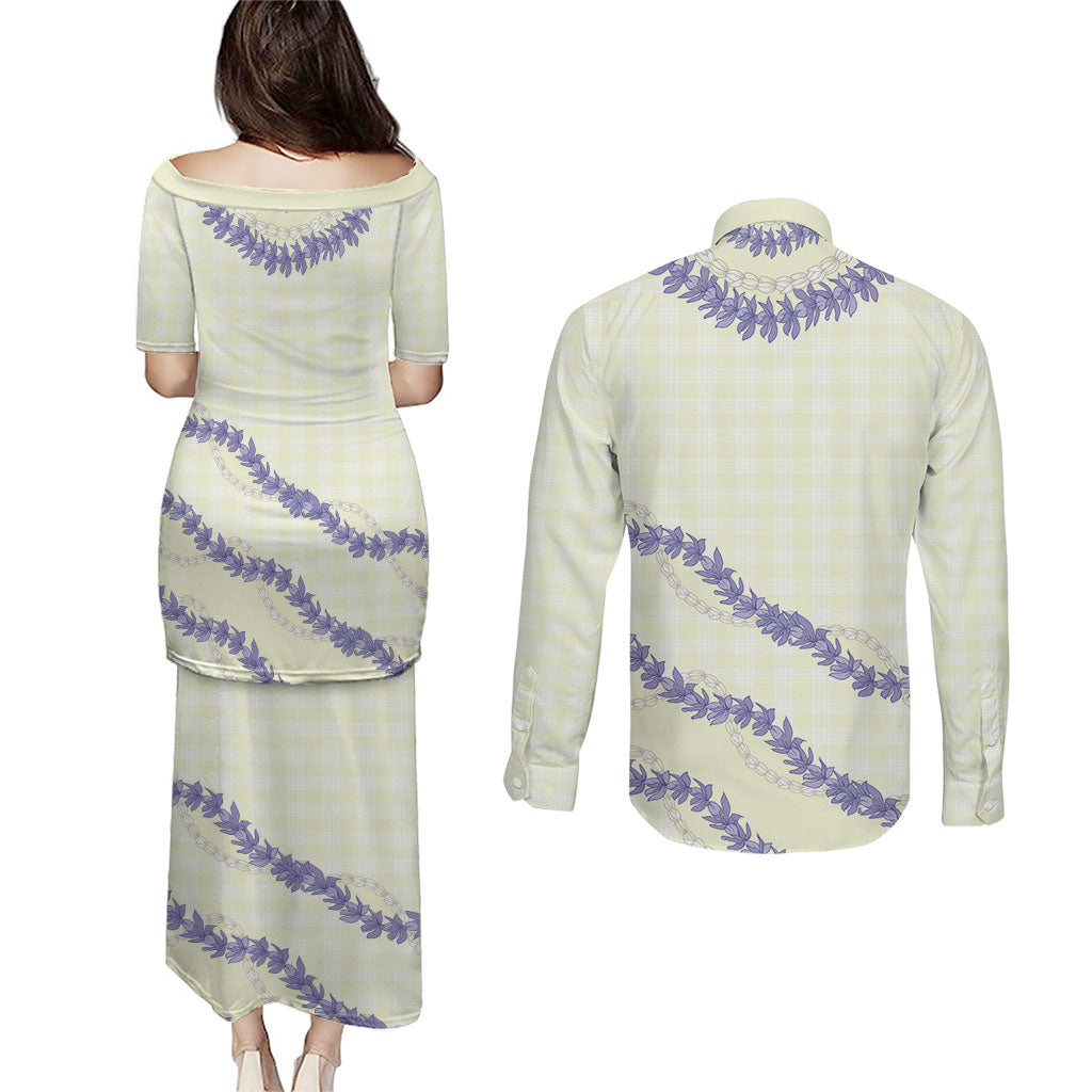 Hawaii Honohono Palaka Motifs Couples Matching Puletasi and Long Sleeve Button Shirt Hawaiian Orchid Lei LT14 - Polynesian Pride