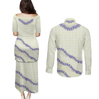 Hawaii Honohono Palaka Motifs Couples Matching Puletasi and Long Sleeve Button Shirt Hawaiian Orchid Lei LT14 - Polynesian Pride