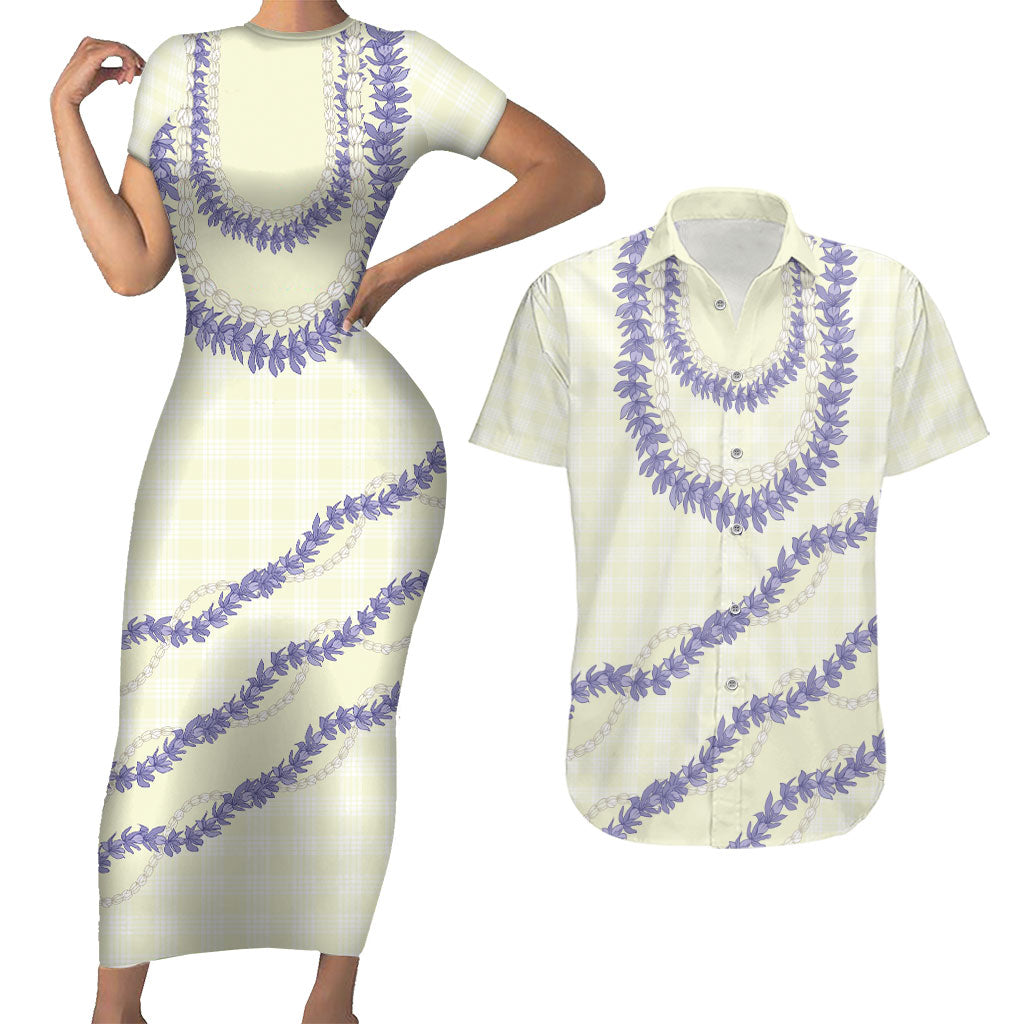 Hawaii Honohono Palaka Motifs Couples Matching Short Sleeve Bodycon Dress and Hawaiian Shirt Hawaiian Orchid Lei LT14 Cream - Polynesian Pride
