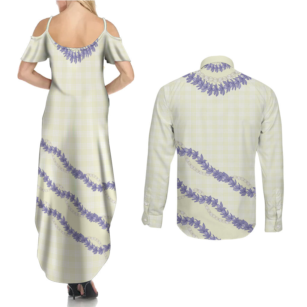 Hawaii Honohono Palaka Motifs Couples Matching Summer Maxi Dress and Long Sleeve Button Shirt Hawaiian Orchid Lei LT14 - Polynesian Pride