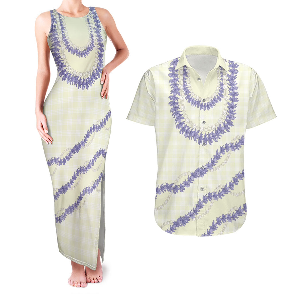 Hawaii Honohono Palaka Motifs Couples Matching Tank Maxi Dress and Hawaiian Shirt Hawaiian Orchid Lei LT14 Cream - Polynesian Pride