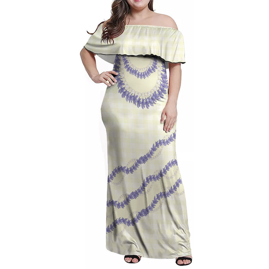 Hawaii Honohono Palaka Motifs Family Matching Off Shoulder Maxi Dress and Hawaiian Shirt Hawaiian Orchid Lei LT14 Mom's Dress Cream - Polynesian Pride
