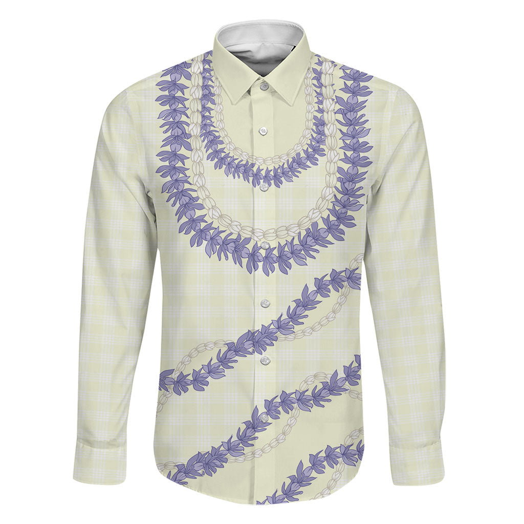 Hawaii Honohono Palaka Motifs Family Matching Summer Maxi Dress and Hawaiian Shirt Hawaiian Orchid Lei LT14 Dad's Shirt - Long Sleeve Cream - Polynesian Pride