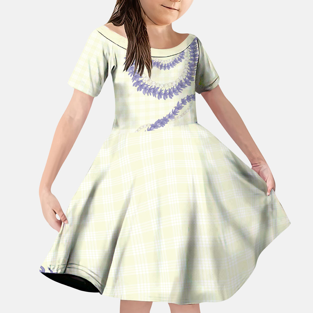 Hawaii Honohono Palaka Motifs Kid Short Sleeve Dress Hawaiian Orchid Lei LT14 KID Cream - Polynesian Pride