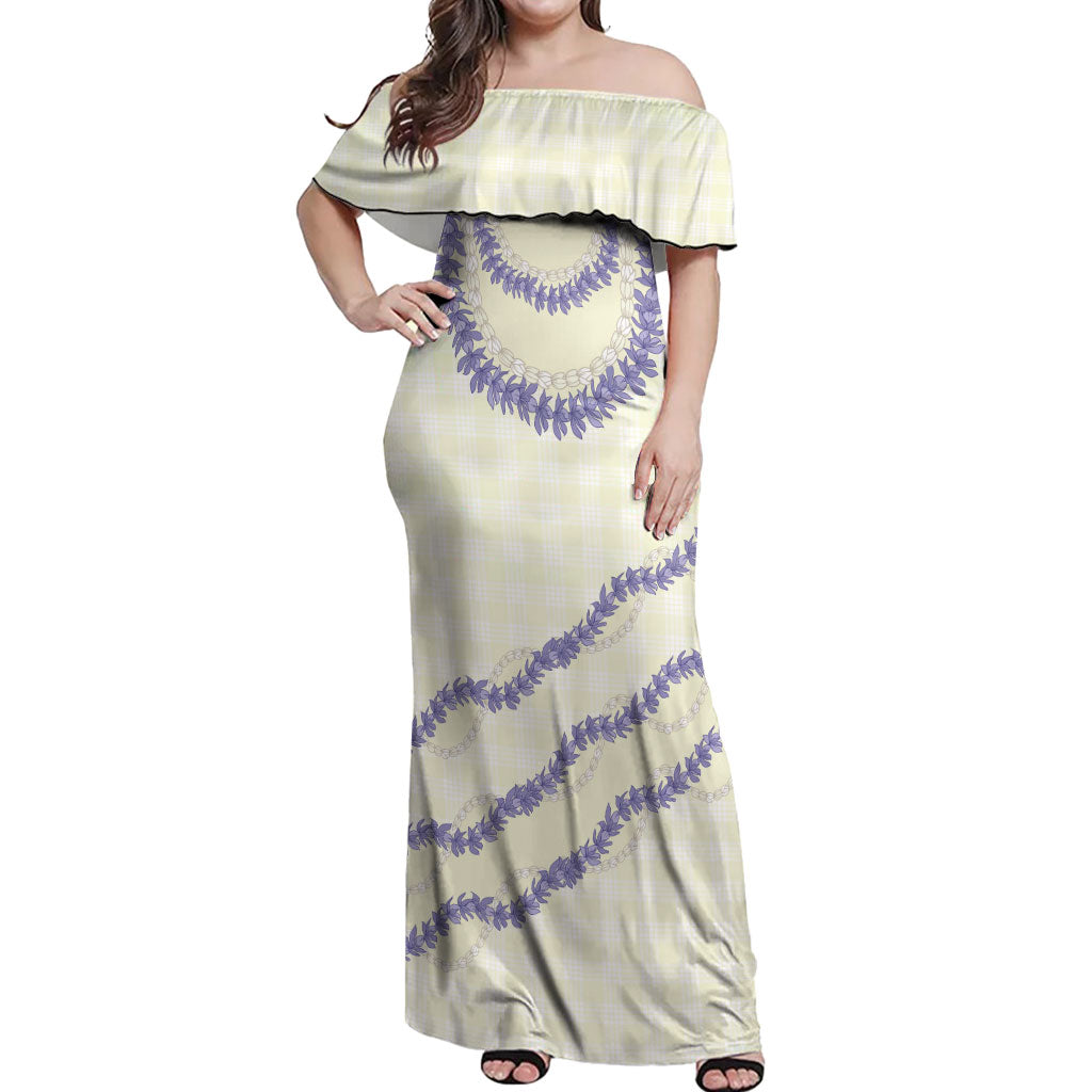 Hawaii Honohono Palaka Motifs Off Shoulder Maxi Dress Hawaiian Orchid Lei LT14 Women Cream - Polynesian Pride