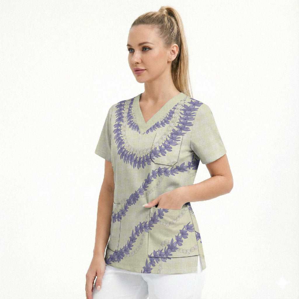 Hawaii Honohono Palaka Motifs Scrub Top Hawaiian Orchid Lei