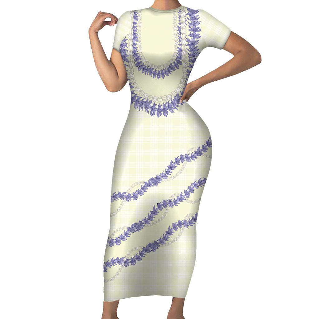 Hawaii Honohono Palaka Motifs Short Sleeve Bodycon Dress Hawaiian Orchid Lei LT14 Long Dress Cream - Polynesian Pride