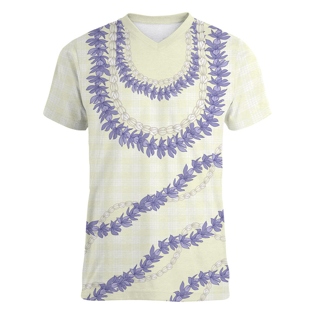 Hawaii Honohono Palaka Motifs Women V-Neck T-Shirt Hawaiian Orchid Lei LT14 Female Cream - Polynesian Pride