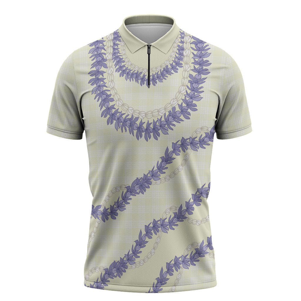 Hawaii Honohono Palaka Motifs Zipper Polo Shirt Hawaiian Orchid Lei LT14 Cream - Polynesian Pride