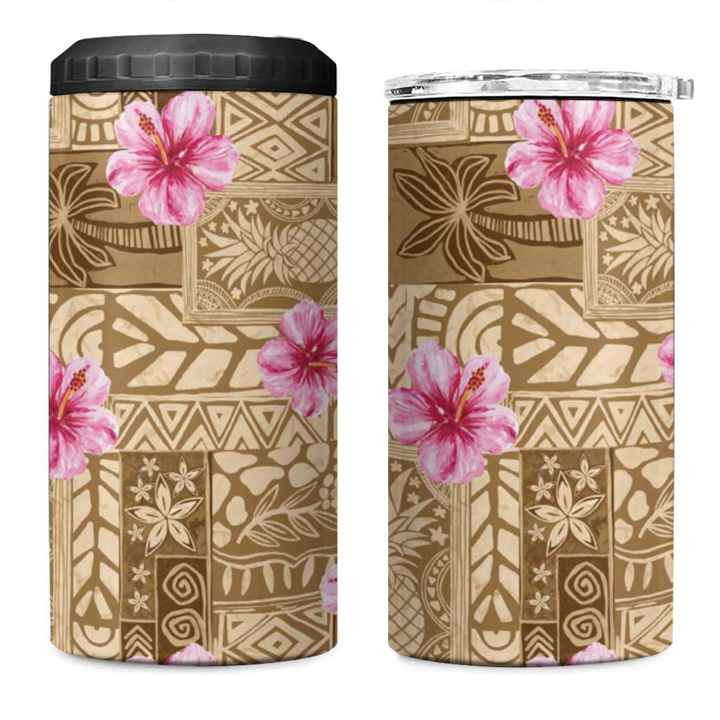 Beige Hawaii Hibiscus With Tropical Flowers Motifs 4 in 1 Can Cooler Tumbler LT14 One Size: 16 oz Beige - Polynesian Pride