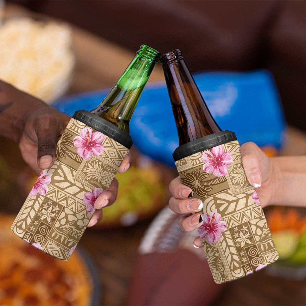Beige Hawaii Hibiscus With Tropical Flowers Motifs 4 in 1 Can Cooler Tumbler LT14 - Polynesian Pride