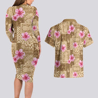 Beige Hawaii Hibiscus With Tropical Flowers Motifs Couples Matching Long Sleeve Bodycon Dress and Hawaiian Shirt LT14 - Polynesian Pride