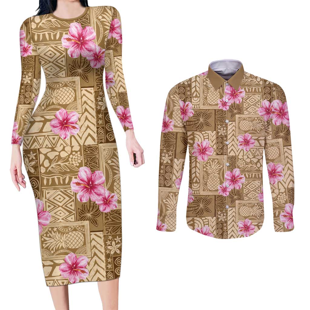 Beige Hawaii Hibiscus With Tropical Flowers Motifs Couples Matching Long Sleeve Bodycon Dress and Long Sleeve Button Shirt LT14 Beige - Polynesian Pride