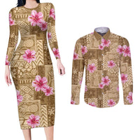 Beige Hawaii Hibiscus With Tropical Flowers Motifs Couples Matching Long Sleeve Bodycon Dress and Long Sleeve Button Shirt LT14 Beige - Polynesian Pride