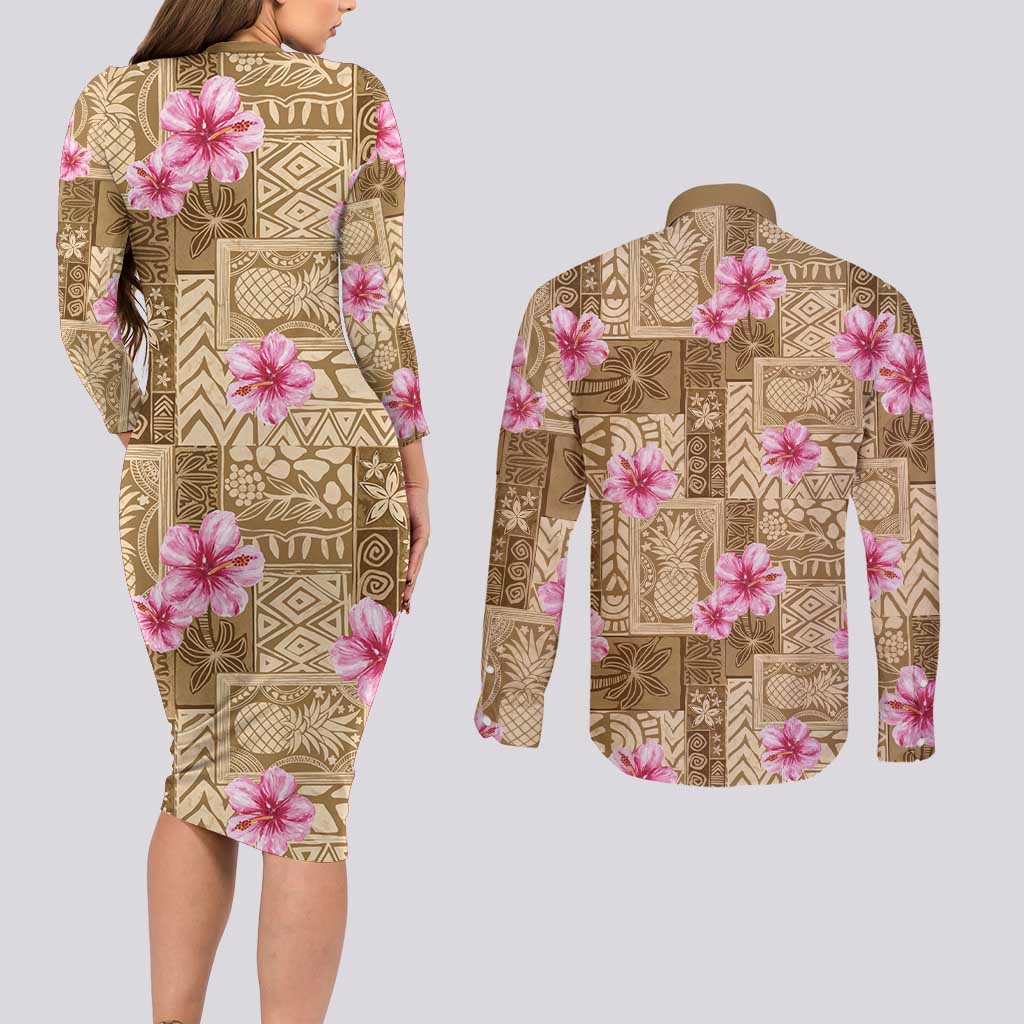 Beige Hawaii Hibiscus With Tropical Flowers Motifs Couples Matching Long Sleeve Bodycon Dress and Long Sleeve Button Shirt LT14 - Polynesian Pride
