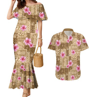 Beige Hawaii Hibiscus With Tropical Flowers Motifs Couples Matching Mermaid Dress and Hawaiian Shirt LT14 Beige - Polynesian Pride