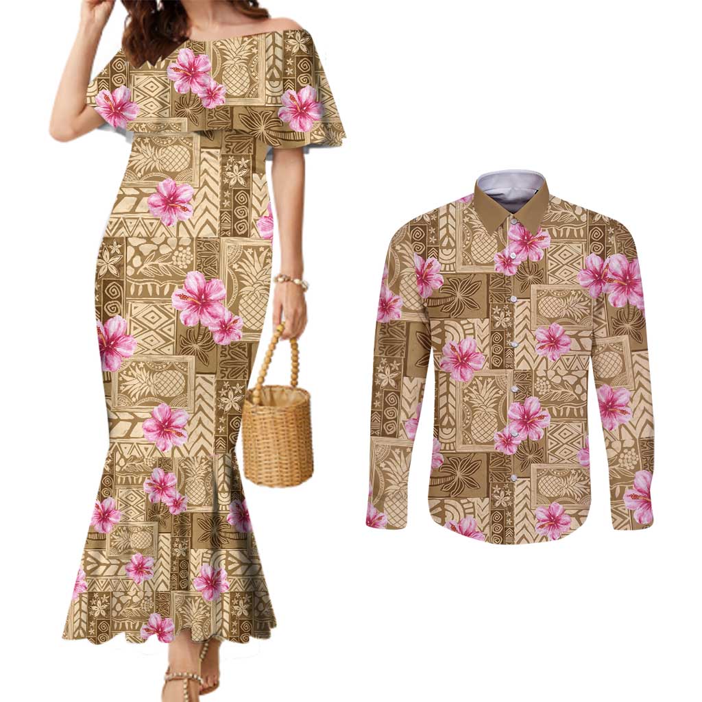 Beige Hawaii Hibiscus With Tropical Flowers Motifs Couples Matching Mermaid Dress and Long Sleeve Button Shirt LT14 Beige - Polynesian Pride