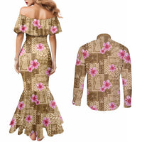 Beige Hawaii Hibiscus With Tropical Flowers Motifs Couples Matching Mermaid Dress and Long Sleeve Button Shirt LT14 - Polynesian Pride