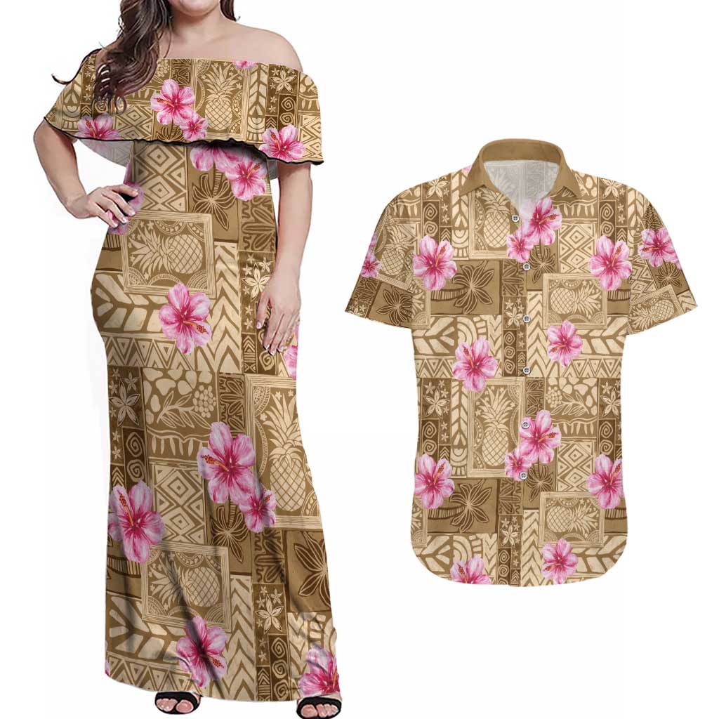 Beige Hawaii Hibiscus With Tropical Flowers Motifs Couples Matching Off Shoulder Maxi Dress and Hawaiian Shirt LT14 Beige - Polynesian Pride
