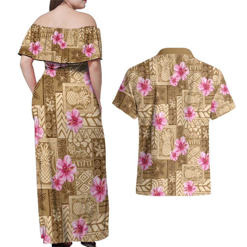 Beige Hawaii Hibiscus With Tropical Flowers Motifs Couples Matching Off Shoulder Maxi Dress and Hawaiian Shirt LT14 - Polynesian Pride