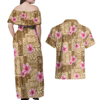 Beige Hawaii Hibiscus With Tropical Flowers Motifs Couples Matching Off Shoulder Maxi Dress and Hawaiian Shirt LT14 - Polynesian Pride