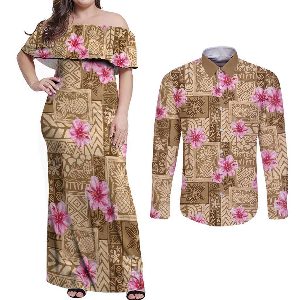 Beige Hawaii Hibiscus With Tropical Flowers Motifs Couples Matching Off Shoulder Maxi Dress and Long Sleeve Button Shirt LT14 Beige - Polynesian Pride