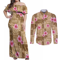 Beige Hawaii Hibiscus With Tropical Flowers Motifs Couples Matching Off Shoulder Maxi Dress and Long Sleeve Button Shirt LT14 Beige - Polynesian Pride