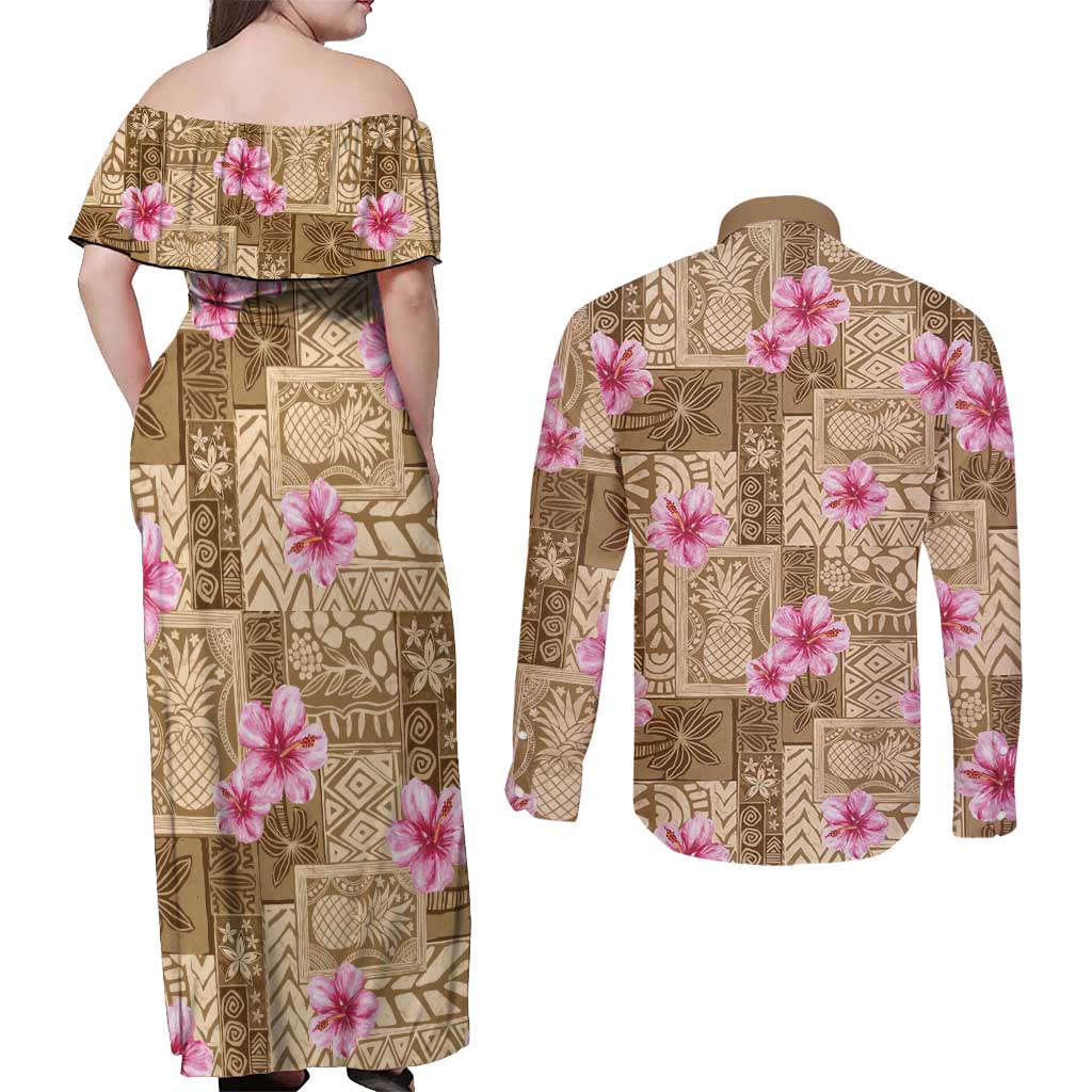 Beige Hawaii Hibiscus With Tropical Flowers Motifs Couples Matching Off Shoulder Maxi Dress and Long Sleeve Button Shirt LT14 - Polynesian Pride