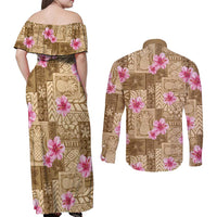 Beige Hawaii Hibiscus With Tropical Flowers Motifs Couples Matching Off Shoulder Maxi Dress and Long Sleeve Button Shirt LT14 - Polynesian Pride
