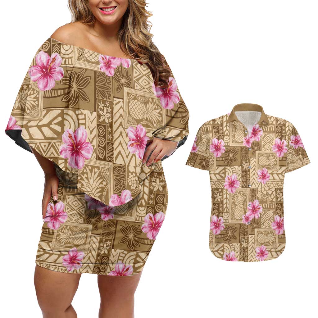Beige Hawaii Hibiscus With Tropical Flowers Motifs Couples Matching Off Shoulder Short Dress and Hawaiian Shirt LT14 Beige - Polynesian Pride