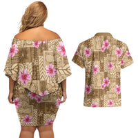 Beige Hawaii Hibiscus With Tropical Flowers Motifs Couples Matching Off Shoulder Short Dress and Hawaiian Shirt LT14 - Polynesian Pride