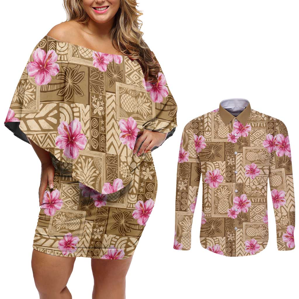 Beige Hawaii Hibiscus With Tropical Flowers Motifs Couples Matching Off Shoulder Short Dress and Long Sleeve Button Shirt LT14 Beige - Polynesian Pride