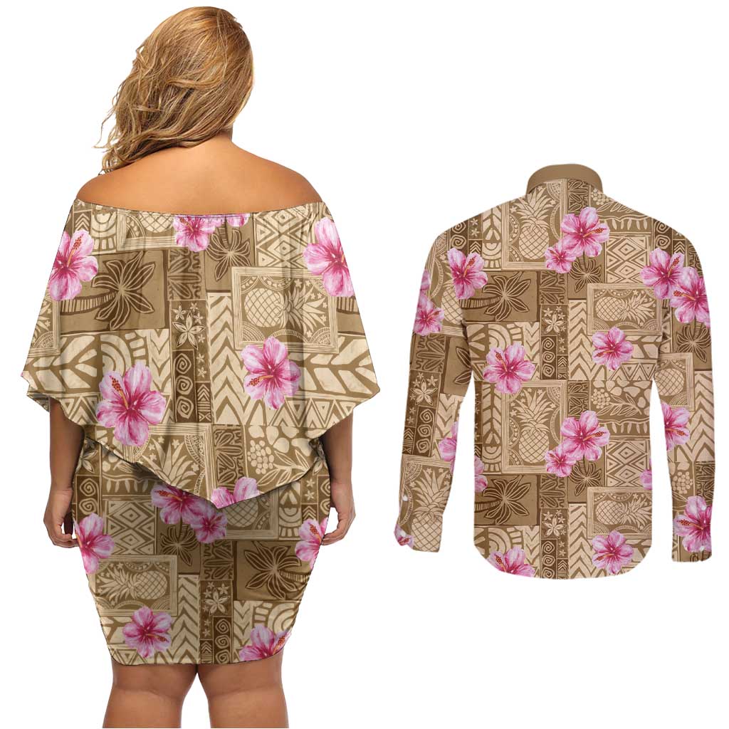 Beige Hawaii Hibiscus With Tropical Flowers Motifs Couples Matching Off Shoulder Short Dress and Long Sleeve Button Shirt LT14 - Polynesian Pride