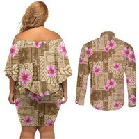 Beige Hawaii Hibiscus With Tropical Flowers Motifs Couples Matching Off Shoulder Short Dress and Long Sleeve Button Shirt LT14 - Polynesian Pride