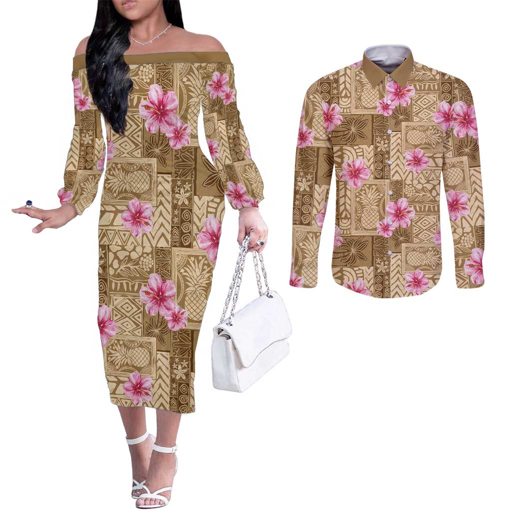 Beige Hawaii Hibiscus With Tropical Flowers Motifs Couples Matching Off The Shoulder Long Sleeve Dress and Long Sleeve Button Shirt LT14 Beige - Polynesian Pride