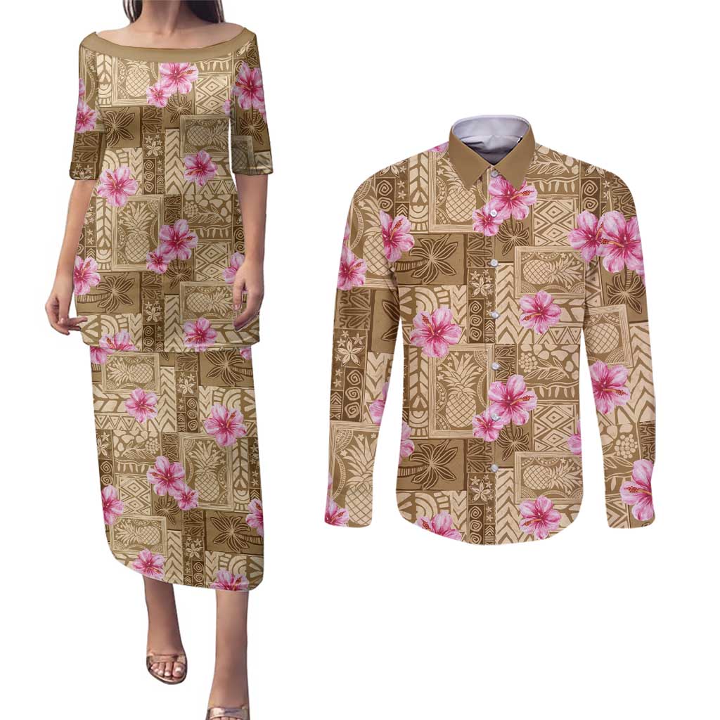 Beige Hawaii Hibiscus With Tropical Flowers Motifs Couples Matching Puletasi and Long Sleeve Button Shirt LT14 Beige - Polynesian Pride
