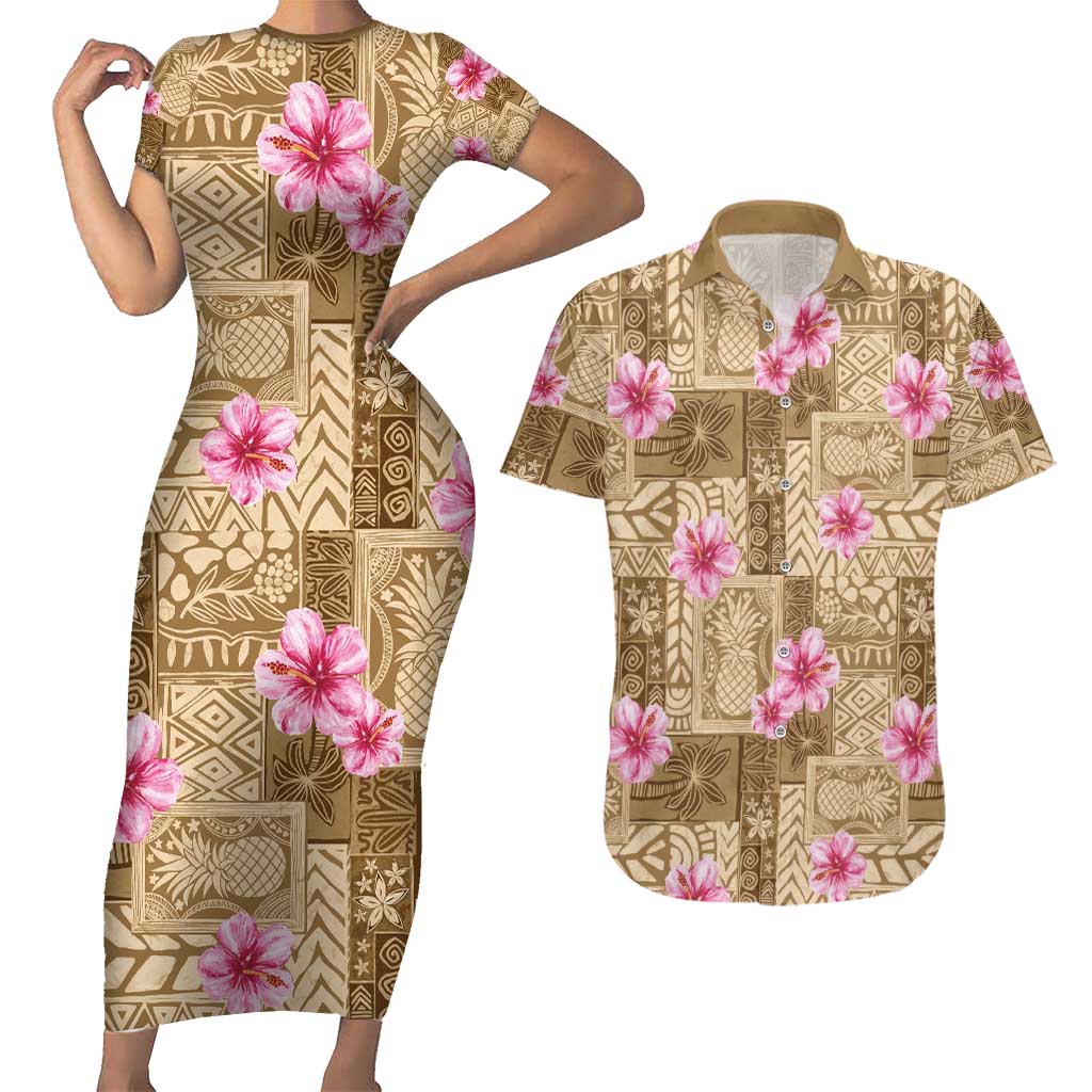 Beige Hawaii Hibiscus With Tropical Flowers Motifs Couples Matching Short Sleeve Bodycon Dress and Hawaiian Shirt LT14 Beige - Polynesian Pride