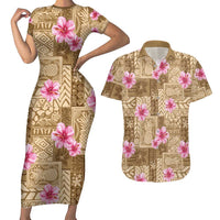 Beige Hawaii Hibiscus With Tropical Flowers Motifs Couples Matching Short Sleeve Bodycon Dress and Hawaiian Shirt LT14 Beige - Polynesian Pride