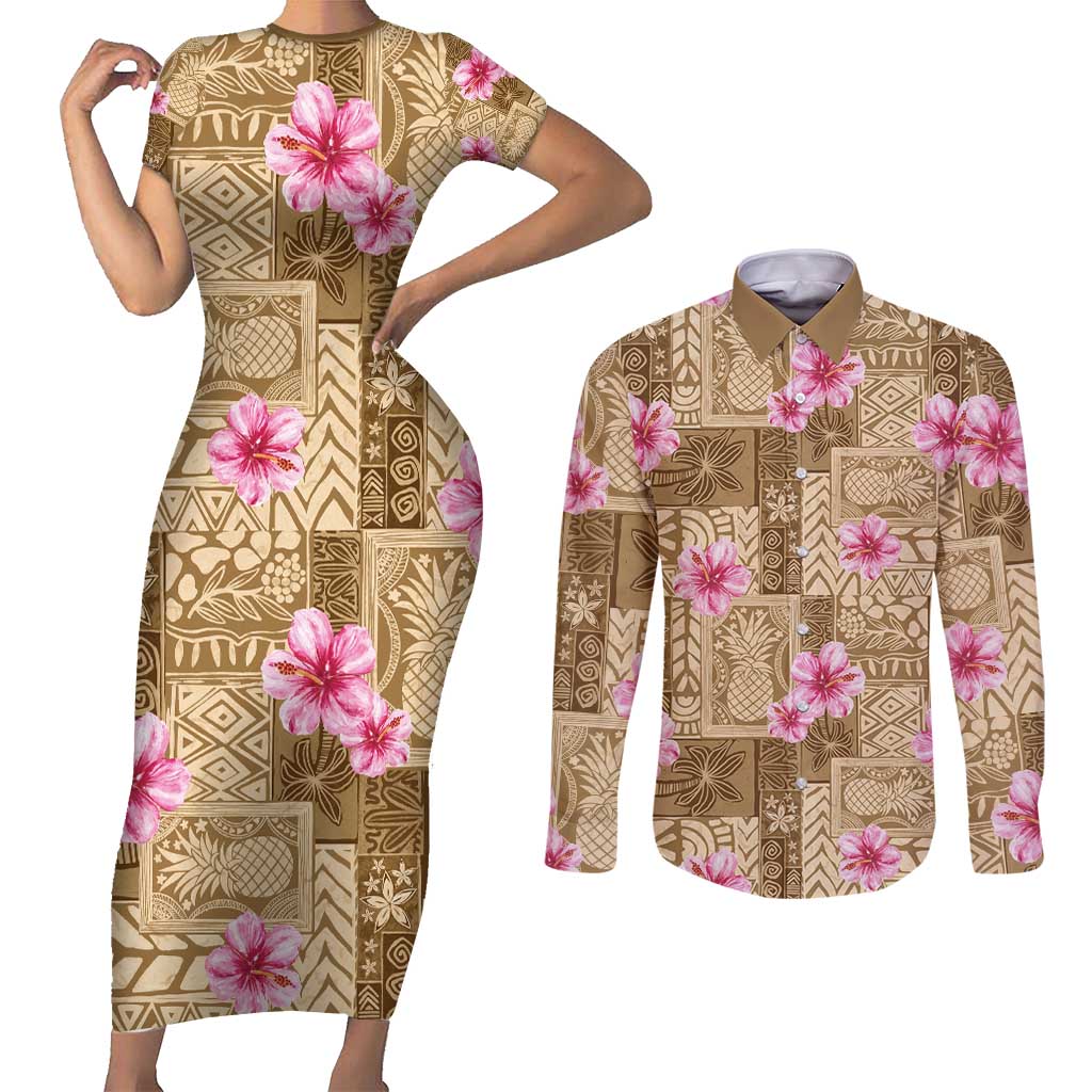 Beige Hawaii Hibiscus With Tropical Flowers Motifs Couples Matching Short Sleeve Bodycon Dress and Long Sleeve Button Shirt LT14 Beige - Polynesian Pride