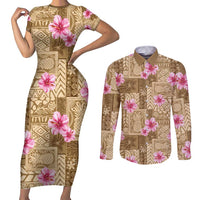 Beige Hawaii Hibiscus With Tropical Flowers Motifs Couples Matching Short Sleeve Bodycon Dress and Long Sleeve Button Shirt LT14 Beige - Polynesian Pride
