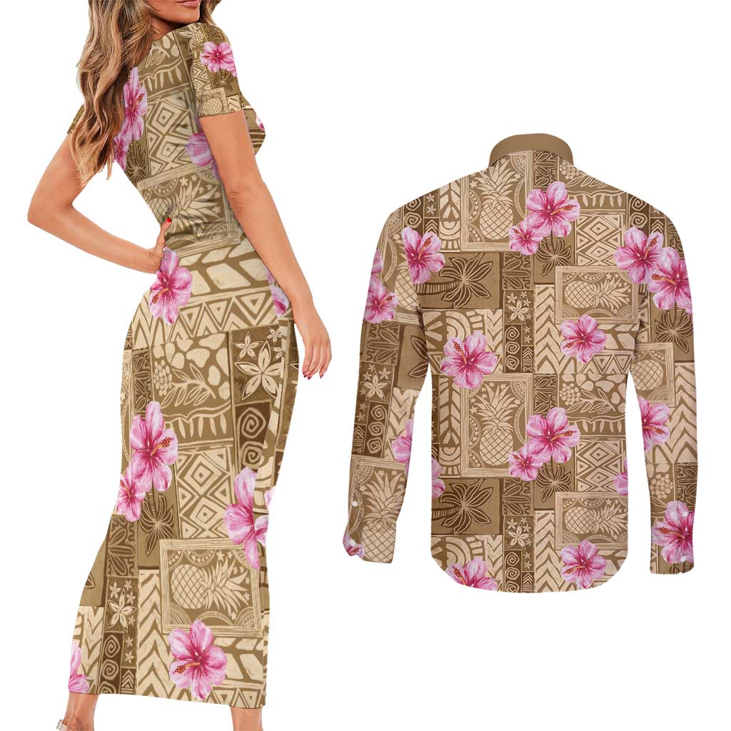 Beige Hawaii Hibiscus With Tropical Flowers Motifs Couples Matching Short Sleeve Bodycon Dress and Long Sleeve Button Shirt LT14 - Polynesian Pride