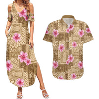 Beige Hawaii Hibiscus With Tropical Flowers Motifs Couples Matching Summer Maxi Dress and Hawaiian Shirt LT14 Beige - Polynesian Pride