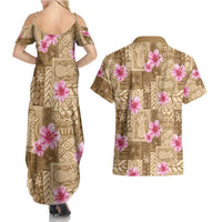 Beige Hawaii Hibiscus With Tropical Flowers Motifs Couples Matching Summer Maxi Dress and Hawaiian Shirt LT14 - Polynesian Pride